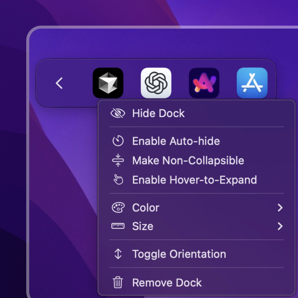 Single dock's context menu with control settings.