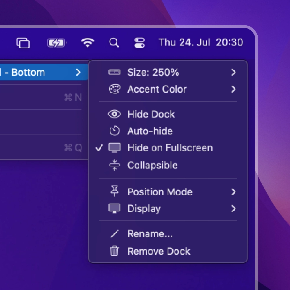 Dock settings interface with color, size, and many other options.