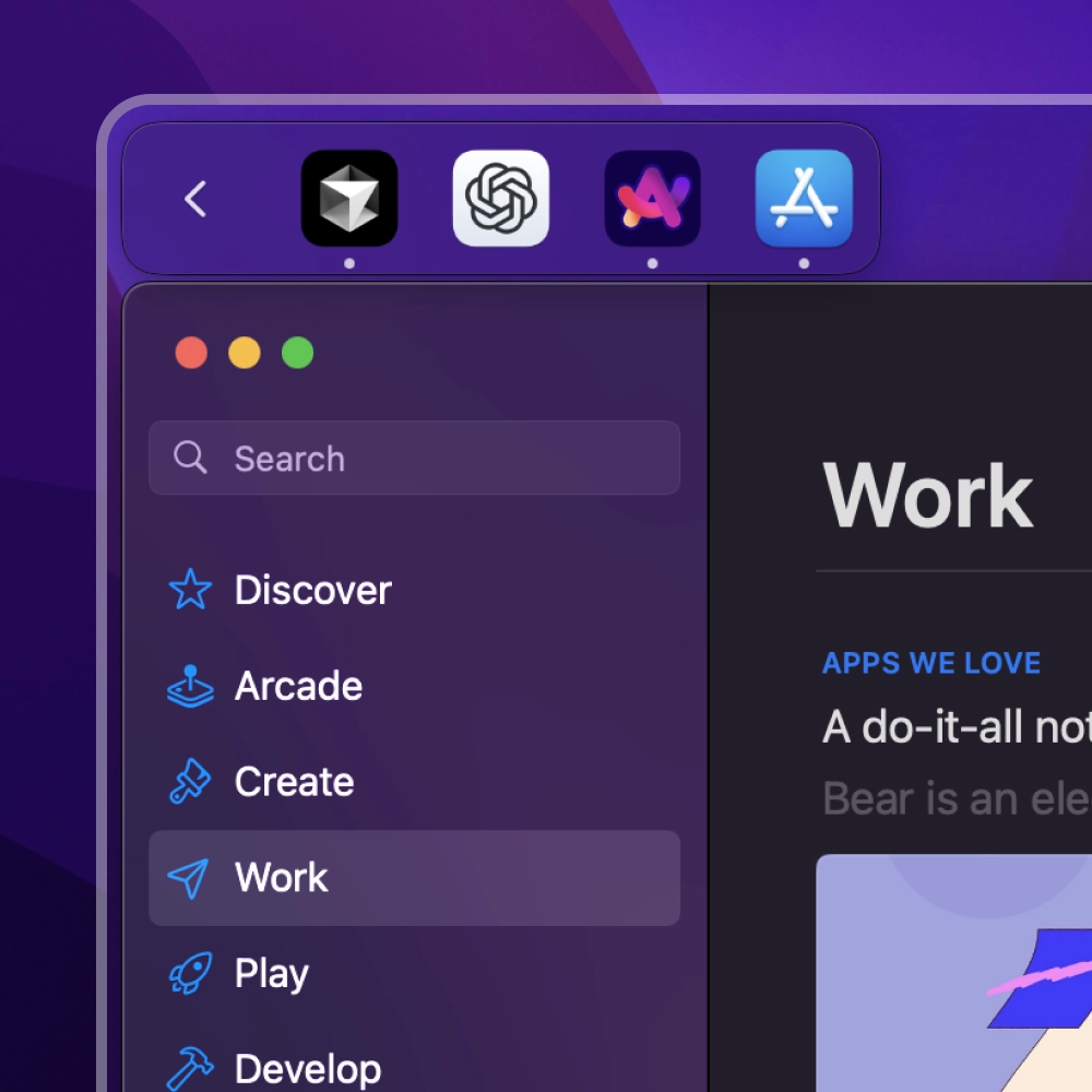 Horizontal dock with multiple applications at top of the screen.