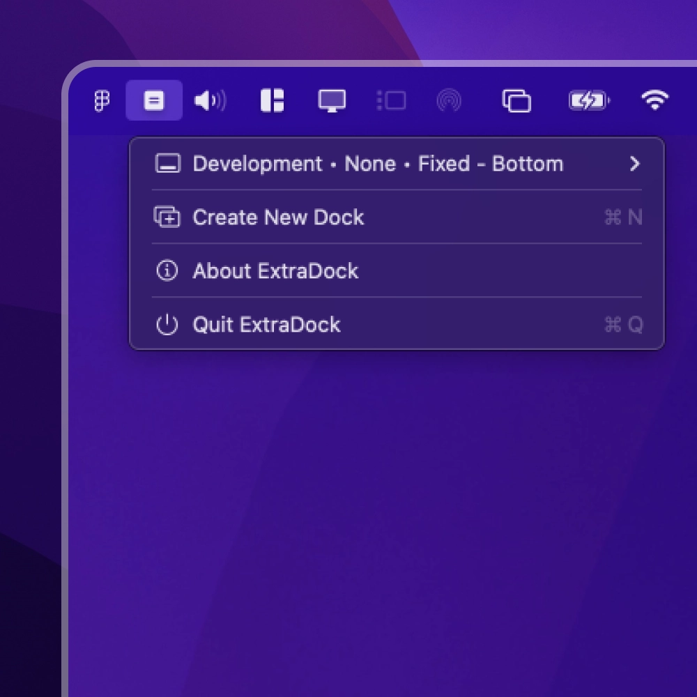 Tray menu with dock settings and visibility controls.