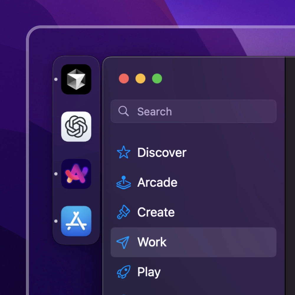 Vertical dock with multiple applications at top of the screen.