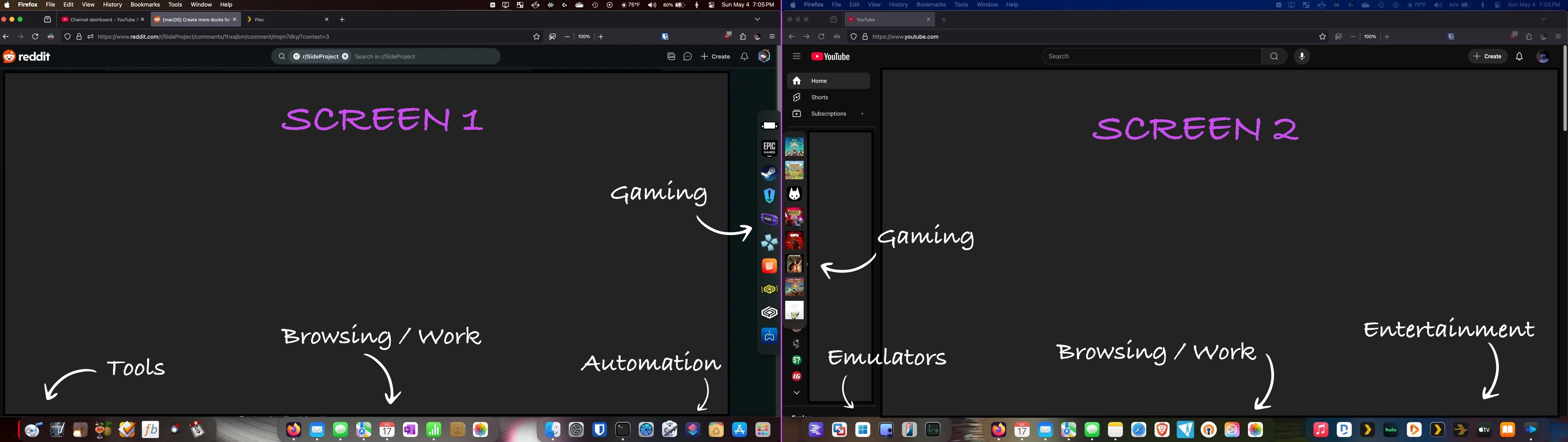 ExtraDock running on dual monitors showing different dock configurations
